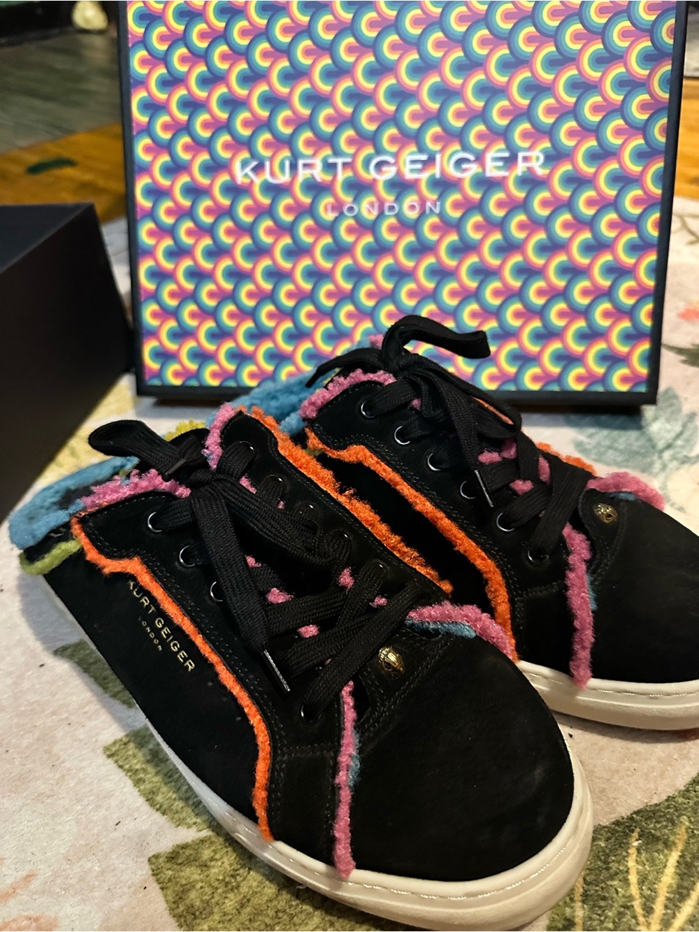Kurt Geiger Black Suede Sneakers with Pink, Orange, Blue and Green Trim